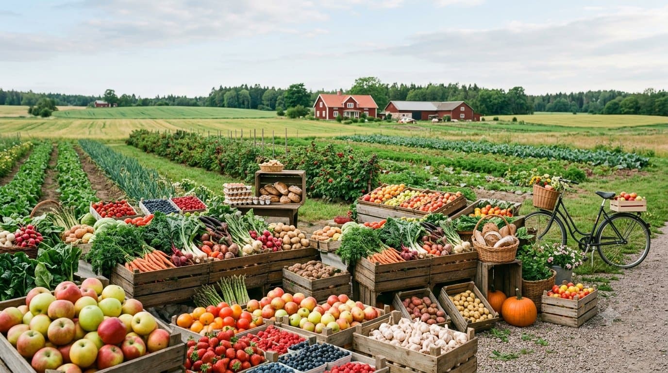 Gårdsbutikens stånd fyllt med nyskördade grönsaker, frukt och bär framför fälten och den röda ladan
